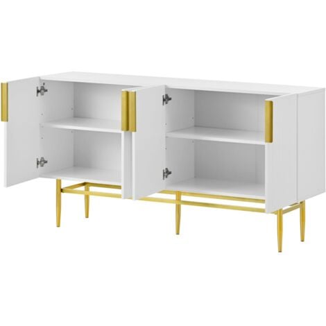 Buffet blanc à 4 portes, poignées en métal doré, buffet pour salle à manger, salon, chambre, couloir