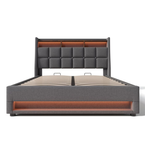 Lit rembourré avec USB 160x200cm,Lit simple LED avec sommier à lattes métalliques,Cadre de lit en lin Lit pour adolescents (Sans matelas) -Gris (1/5)
