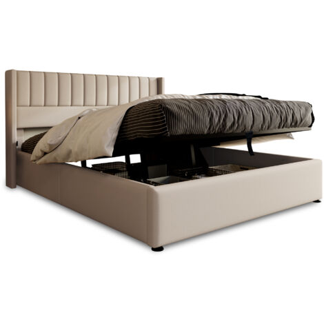 Gutent – Lit hydraulique en lin rembourré 180 x 200 cm – Rangement sous sommier – Design moderne avec tête de lit à rayures – Bois massif et métal