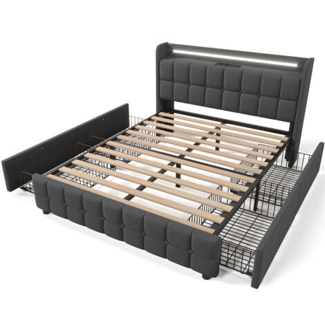 Lit rembourré en gris avec fonction de recharge USB, éclairage LED et 2 tiroirs, cadre de lit à lattes en bois (sans matelas) - 160x200 cm (1/5)