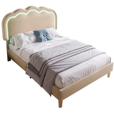 Lit simple LED rembourré, 90 x 200 cm, beige, cadre de lit Junior, tissu en lin (1/5)