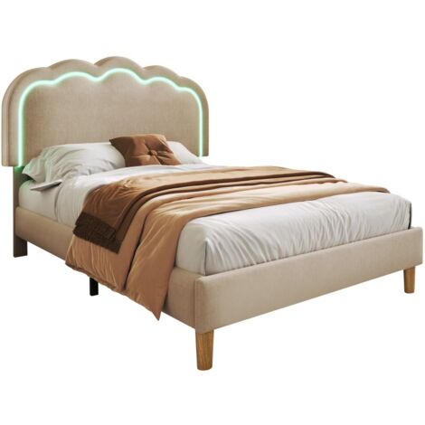 Lit simple LED rembourré 90 x 190 cm, beige, cadre de lit Junior, tissu de lin (1/5)