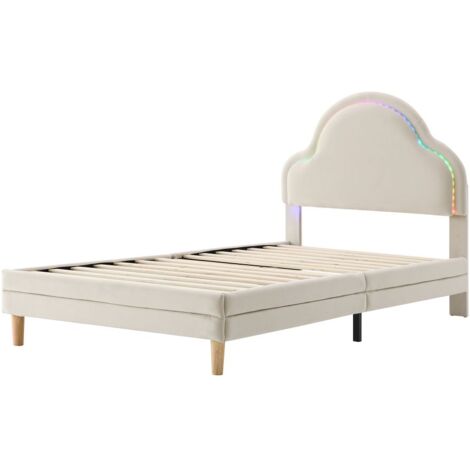 Gutent – Lit simple enfant 90x200 cm – Tête de lit nuage avec bande LED – Velours beige – Structure stable pour 120kg – Installation facile (1/5)