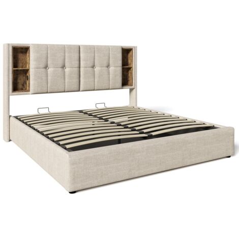 Lit rembourré avec espace de rangement, avec chargeur USB C sans fil, cadre de lit en bois, tissu en lin naturel (sans matelas) - 140x200cm (1/5)