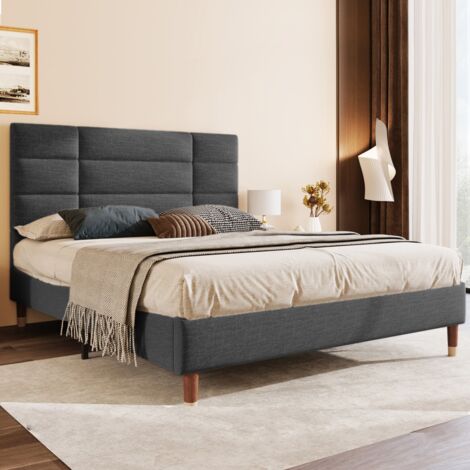 Gutent – Lit adulte capitonné 140 x 200 cm – Tissu lin gris foncé – Sommier à lattes – Tête de lit 8 cm – Espace rangement 17 cm (1/5)