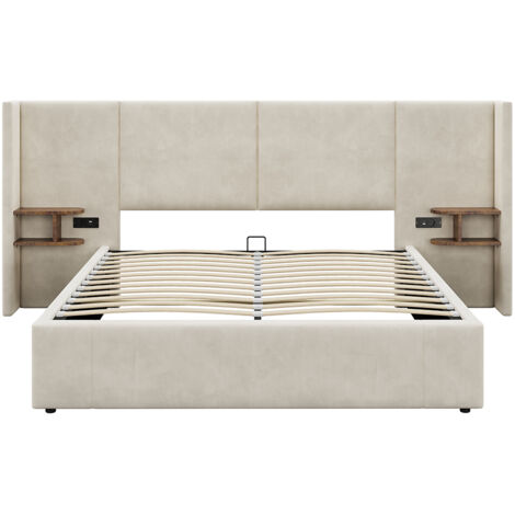 Gutent – Lit hydraulique 160x200 cm avec rangement sous le lit – Prise USB et électrique – Velours beige – 2 tables de chevet incluses