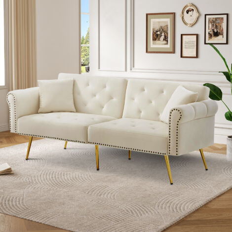 Gutent – Canapé-lit 2 places convertible en velours beige – Dossier réglable 3 positions – Pieds en métal doré – Espace de couchage 147x85cm (1/5)