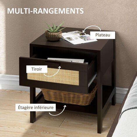 Gutent – Table de chevet en MDF et rotin noir – 1 tiroir et étagère – Dimensions 40L x 40l x 48H cm – Montage rapide avec dispositif anti-basculement