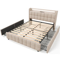 Lit rembourré avec éclairage LED et 2 tiroirs,Sommier à lattes en bois, Beige (Sans matelas) - 140x200cm