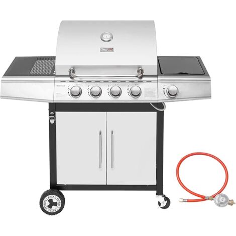 Gasgrill 4+1 Brenner Grillwagen mit automatischer Zündung,integriertem Thermometer und Unterschrank Edelstahl Brenner mit 14,5 kW Camping Gasgrill für Outdoor Barbecue Silber Royal Gourmet