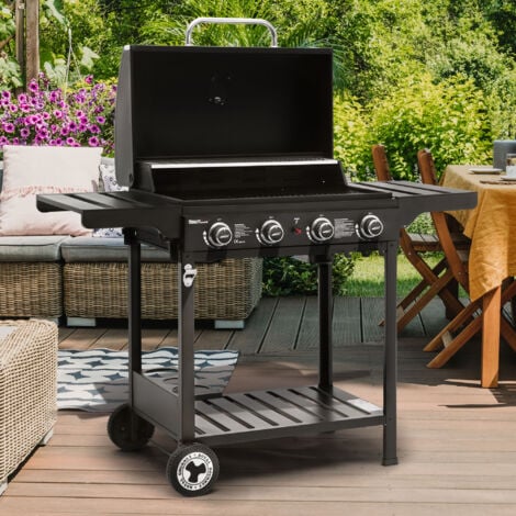 Royal Gourmet 4 Brenner Gas Grillwagen, 12 KW BBQ-Gasgrill mit Seitenablagen und Flascheregal, Campinggrill für Outdoor Garten Party Schwarz