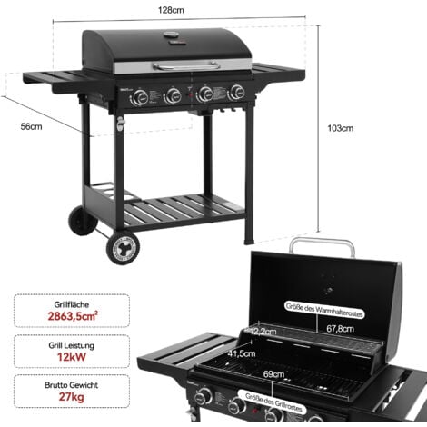Royal Gourmet 4 Brenner Gas Grillwagen, 12 KW BBQ-Gasgrill mit Seitenablagen und Flascheregal, Campinggrill für Outdoor Garten Party Schwarz