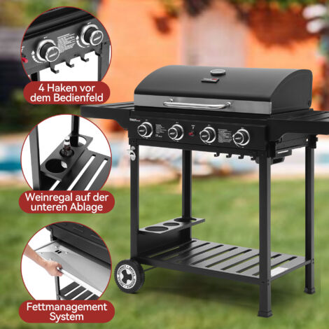 Royal Gourmet 4 Brenner Gas Grillwagen, 12 KW BBQ-Gasgrill mit Seitenablagen und Flascheregal, Campinggrill für Outdoor Garten Party Schwarz