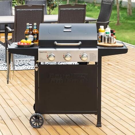 Gasgrill Grillwagen 3 Brenner 9 kW Camping Gaskocher mit Kochplatte, Gartengrill mit Flaschenöffner, Druckminderer und Gasschlauch Grillrost ca. 60 x 42 cm Schwarz Royal Gourmet