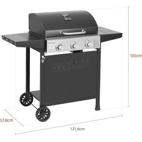 Gasgrill Grillwagen 3 Brenner 9 kW Camping Gaskocher mit Kochplatte, Gartengrill mit Flaschenöffner, Druckminderer und Gasschlauch Grillrost ca. 60 x 42 cm Schwarz Royal Gourmet