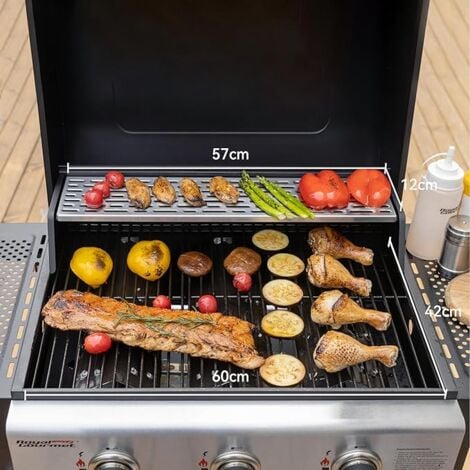 Gasgrill Grillwagen 3 Brenner 9 kW Camping Gaskocher mit Kochplatte, Gartengrill mit Flaschenöffner, Druckminderer und Gasschlauch Grillrost ca. 60 x 42 cm Schwarz Royal Gourmet