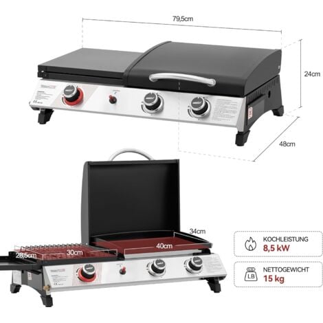 Royal Gourmet 3 Brenner Gasgrill, 3 in 1 Tischgrill mit Grillen, Braten, Kochen, Campinggrill mit Klappbare Seitenablage, Tragbarer Picknickgrill mit 8,5 kW Schwarz
