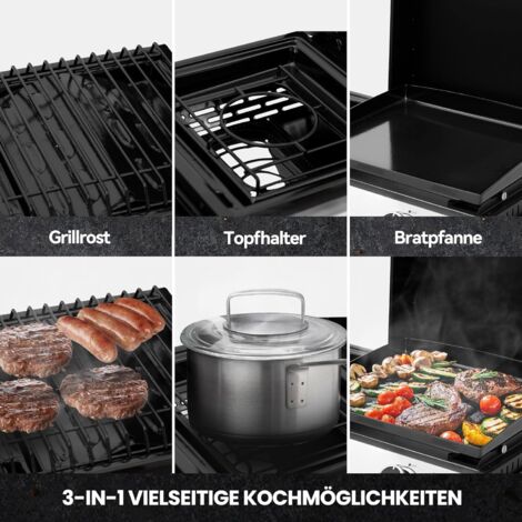 Royal Gourmet 3 Brenner Gasgrill, 3 in 1 Tischgrill mit Grillen, Braten, Kochen, Campinggrill mit Klappbare Seitenablage, Tragbarer Picknickgrill mit 8,5 kW Schwarz