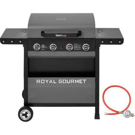 Royal Gourmet GL4001 4 Brenner Gasgrill, Grillwagen mit insgesamt 10 kW Leistung, klappbaren Seitenablagen, Ablagekorb, Haken, Thermometer und Piezozündung, Camping Gasgrill, Garten Gasgrill, Outdoor