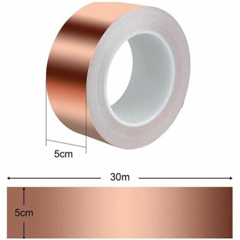 Ruban de Cuivre 30m x 50mm, Premium Feuille de Cuivre Bande, Ruban Adhésif EMC Blindage Ruban Adhésif pour Blindage EMI, Artisanat, Anti-limaces, Reparations Electriques, Circuits Papier
