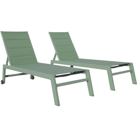 Happy Garden – Lot de 2 bains de soleil réglables en textilène vert sauge – Structure en aluminium résistant aux U.V. – Dimensions L 164 à 198 × l 61 × H 35 à 95 cm
