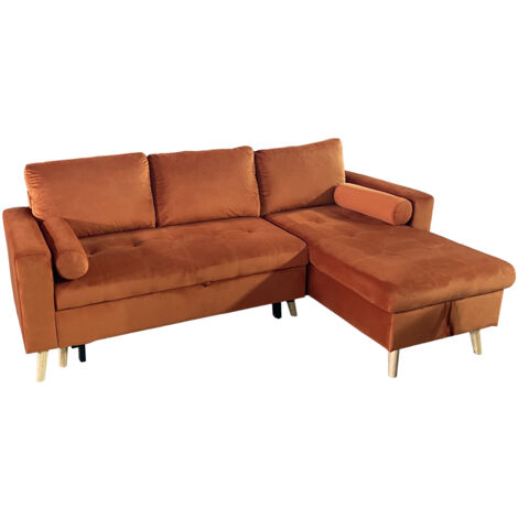 Happy Garden – Canapé d'angle convertible 3 places en velours terracotta – Méridienne réversible – Couchage 2 personnes – Coffre de rangement