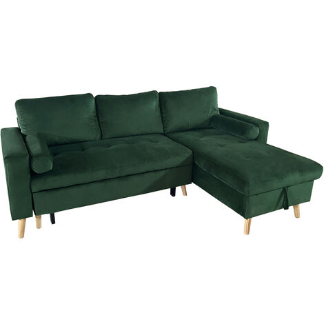 Happy Garden – Canapé d'angle convertible 3 places en velours vert – Méridienne réversible – Dimensions L 225 × l 145 cm – Coffre de rangement intégré