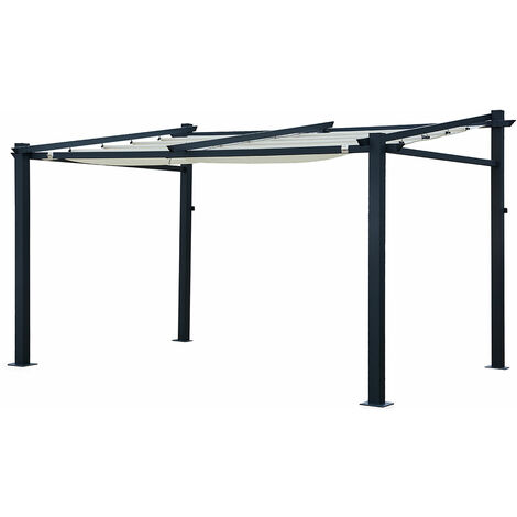 Happy Garden – Pergola murale 3 × 4m Fréjus beige – Structure aluminium résistante – Toile déperlante – Système d'ouverture par cordage