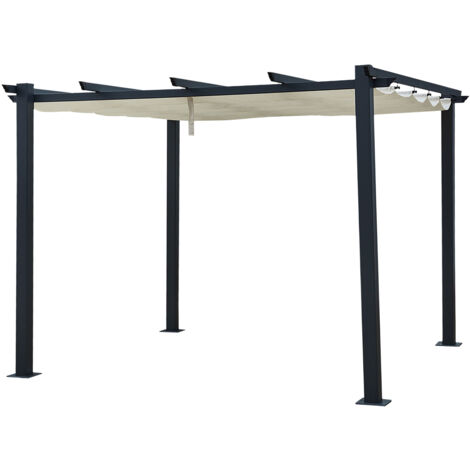 Happy Garden – Pergola autoportante 3 × 3m beige – Structure aluminium résistante – Toile déperlante – Ouverture coulissante pour bronzage