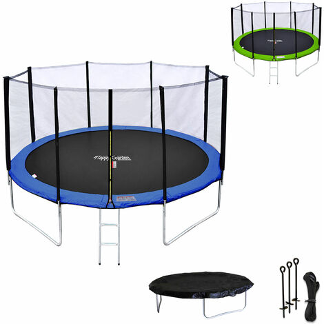 HAPPY GARDEN - Pack Premium Trampoline 370cm réversible bleu / vert PERTH + filet, échelle, bâche et kit d'ancrage