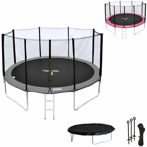 HAPPY GARDEN - Pack Premium Trampoline 370cm réversible gris / rose PERTH + filet, échelle, bâche et kit d'ancrage