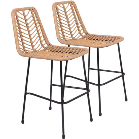 Happy Garden – Lot de 2 tabourets de bar en rotin synthétique noir – Hauteur d'assise 65 cm – Repose-pieds intégré – Pour intérieur et extérieur
