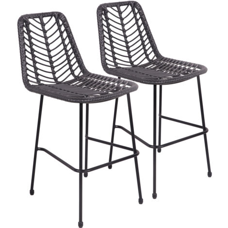 Happy Garden – Lot de 2 tabourets de bar en rotin synthétique noir – Hauteur d'assise 65cm – Repose-pieds intégré – Utilisation intérieure/extérieure