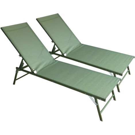 Happy Garden – Lot de 2 bains de soleil pliants en textilène vert sauge – Structure en acier – Dossier inclinable 5 positions – Utilisation extérieure