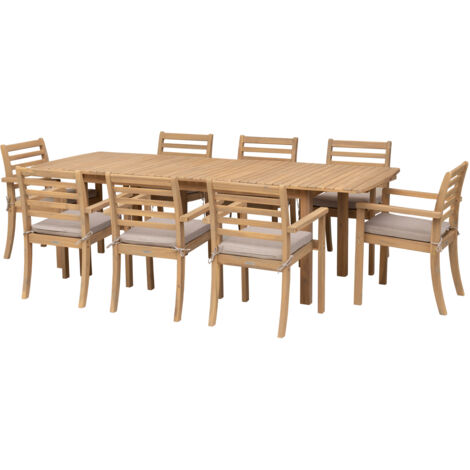 Happy Garden – Salon de jardin extensible 180/240cm – 8 places en acacia – coussins déhoussables sable – table rectangulaire avec rallonge papillon (1/5)