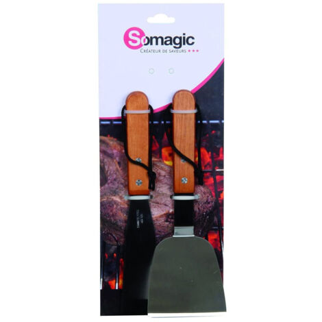 Set de 2 ustensiles pour plancha en inox et bois – Spatule coudée et grattoir – Pour nettoyage plaque et cuisson précise – Somagic