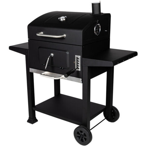 M&S – Barbecue au charbon FAR WEST – Cuve en acier émaillé 42,5 x 33 cm – 2 grilles de cuisson 28 x 42,5 cm – Chariot avec tablettes
