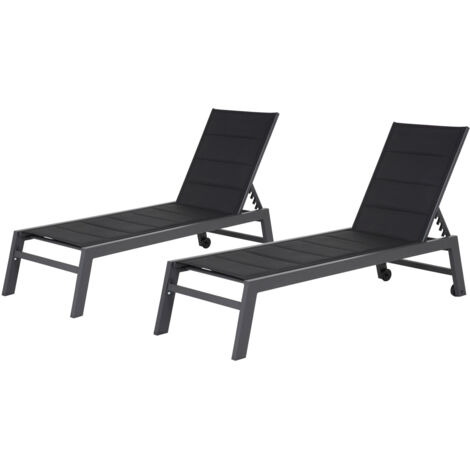 Happy Garden – Lot de 2 bains de soleil inclinables en textilène noir – Structure en aluminium gris anthracite – Dossier réglable sur 5 niveaux