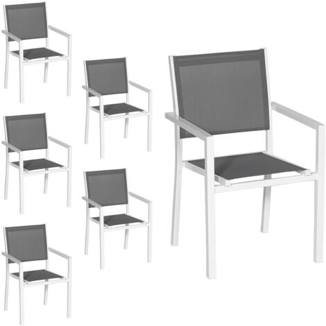 Happy Garden – Lot de 6 chaises de jardin empilables en aluminium blanc – Assise en textilène gris – Résistantes aux U.V – Charge maximale 120kg