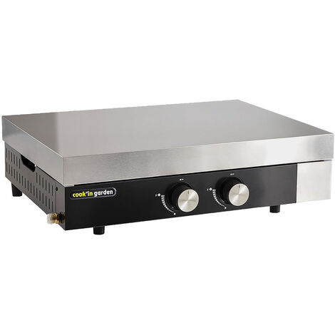 Cook'In Garden – Plancha à gaz en fonte FINESTA 2 brûleurs – Surface de cuisson 2370 cm² – Puissance 5 kW – Capot inox et récupérateur de graisse