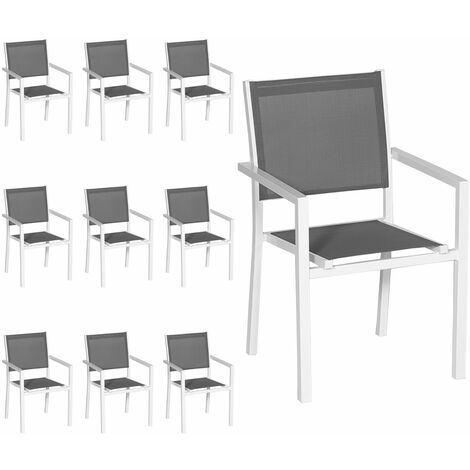 HAPPY GARDEN - Lot de 10 chaises en aluminium blanc - textilène gris (1/5)