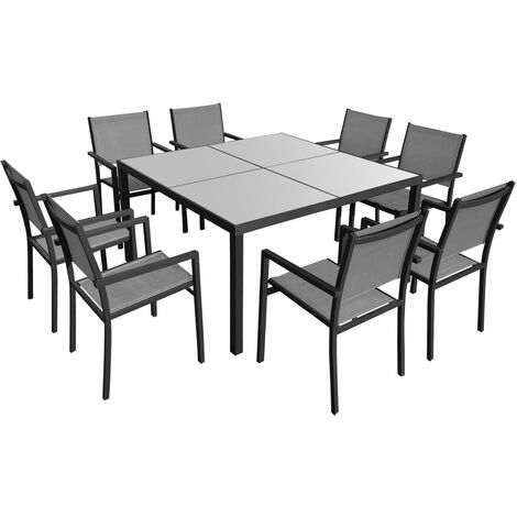 Happy Garden – Salon de jardin CAGLIARI 8 places – Structure aluminium anthracite – Revêtement textilène gris – Table 140x140cm avec verre trempé (1/6)
