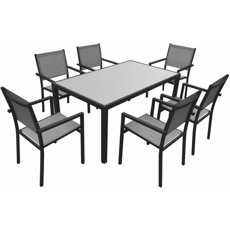Happy Garden – Ensemble table et chaises de jardin 6 places – Structure aluminium anthracite – Revêtement textilène gris – Plateau en verre trempé (1/5)