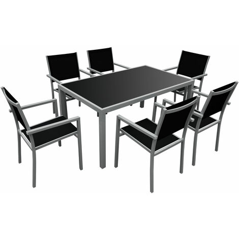 Happy Garden – Ensemble table et chaises de jardin 6 places – Structure en aluminium – Revêtement textilène résistant aux U.V. – Plateau en verre trempé (1/5)