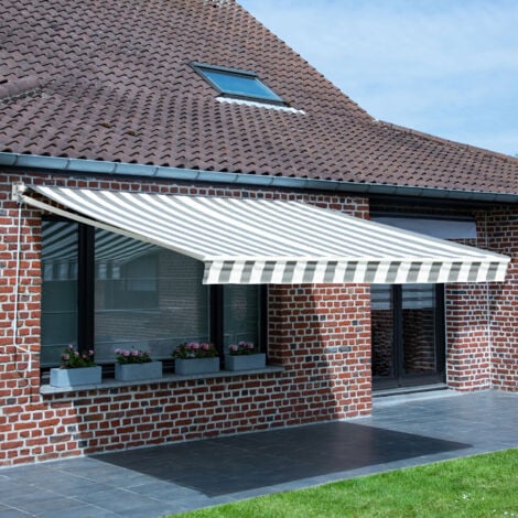 HAPPY GARDEN - Store banne SAULE 3,95 × 3m - Toile rayée blanche/grise et structure blanche