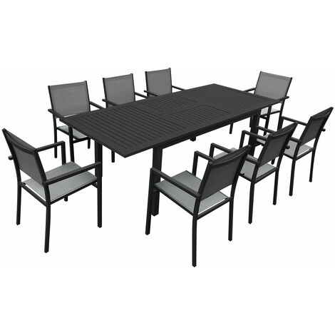 Happy Garden – Salon de jardin extensible 8 places en textilène gris – Table aluminium anthracite L 173/244cm – Chaises empilables (1/5)
