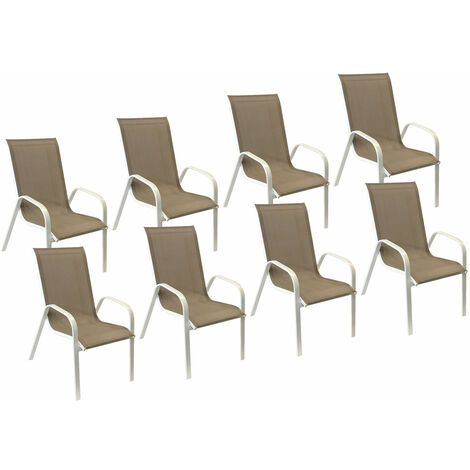 Happy Garden – Lot de 8 chaises de jardin Marbella en textilène taupe – Structure aluminium blanche – Hauteur d'assise 43 cm – Charge max 120 kg