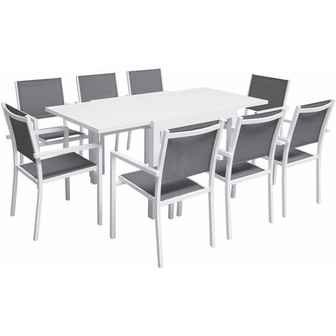 Happy Garden – Salon de jardin VENEZIA extensible 90/180 – 8 places en textilène gris – Aluminium blanc – Chaises empilables pour gain de place