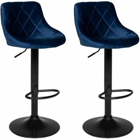 Happy Garden – Lot de 2 tabourets de bar en velours bleu – Hauteur réglable 84-106 cm – Assise pivotante 360° – Rembourrage en mousse pour confort