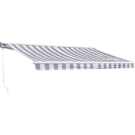 HAPPY GARDEN - Store banne SAULE 3,95 × 3m avec semi-coffre - Toile rayée blanche/grise et structure blanche